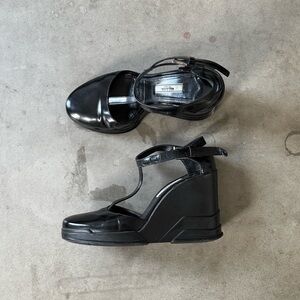 Prada Black Patent Leather T Strap Mary Jane Wedge